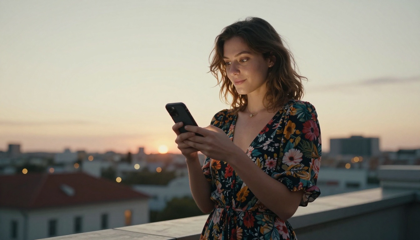 European woman on rooftop at sunset holding phone with playful expression