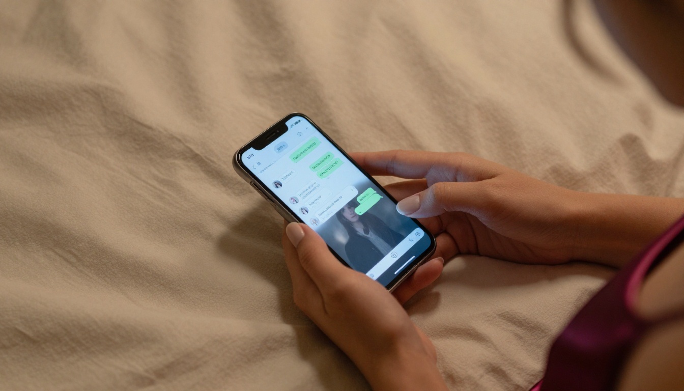 Overhead close-up of woman's hands cradling glowing smartphone on cream duvet at night Overhead close-up of woman's hands cradling glowing smartphone on cream duvet at night