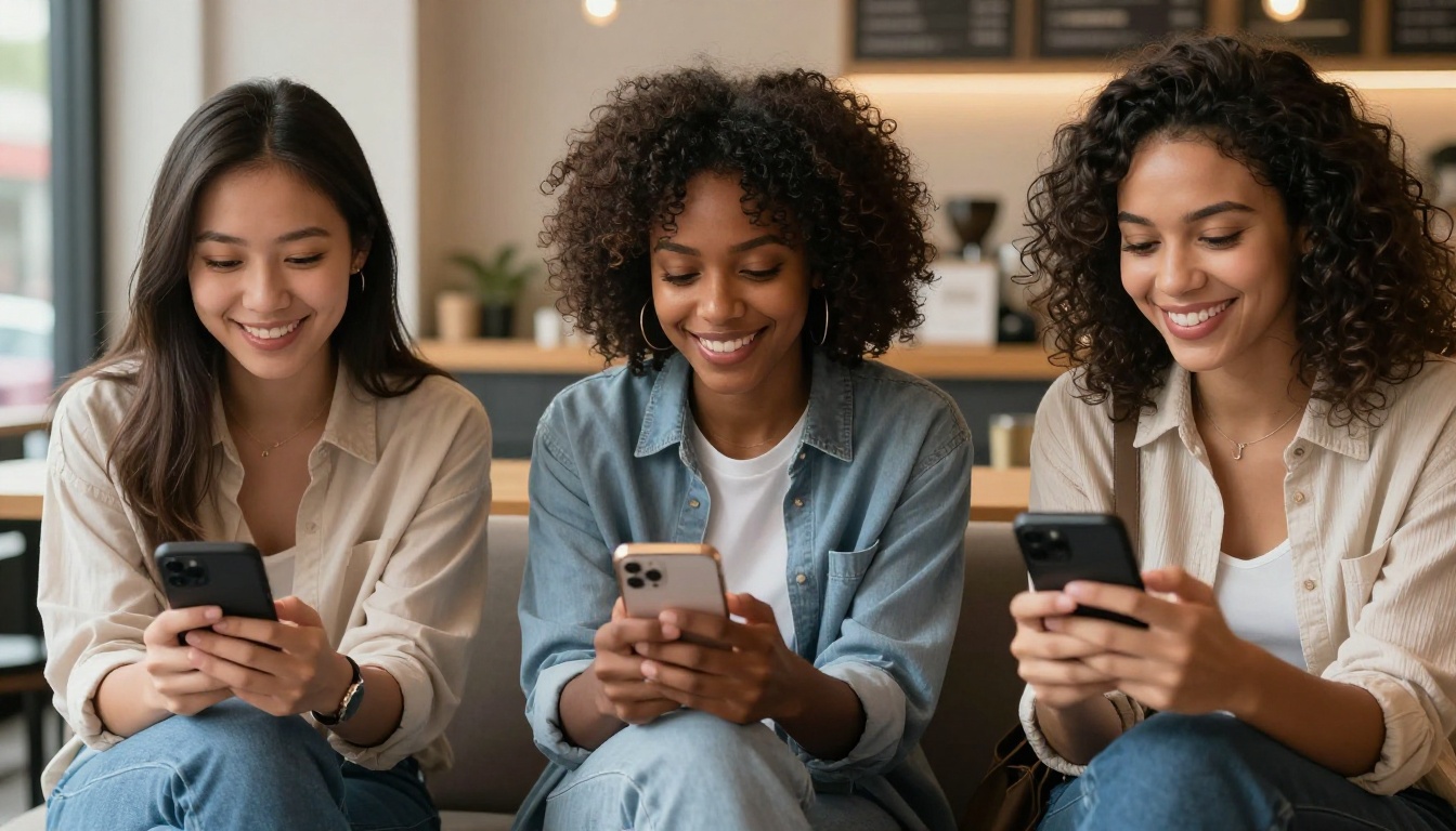 Diverse group of women at a coffee shop enjoying AI companion apps on their phones
