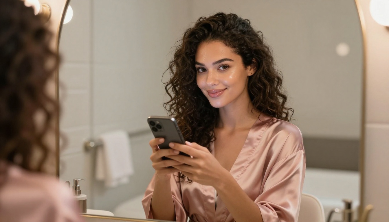 Beautiful woman at vanity mirror in silk robe smiling at her phone