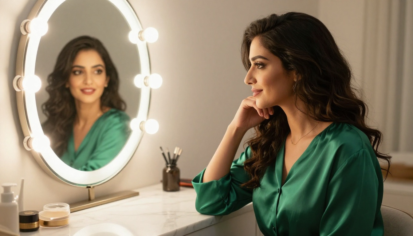 Beautiful Middle Eastern woman in emerald green silk gazing at reflection with a confident smile Beautiful Middle Eastern woman in emerald green silk gazing at reflection with a confident smile