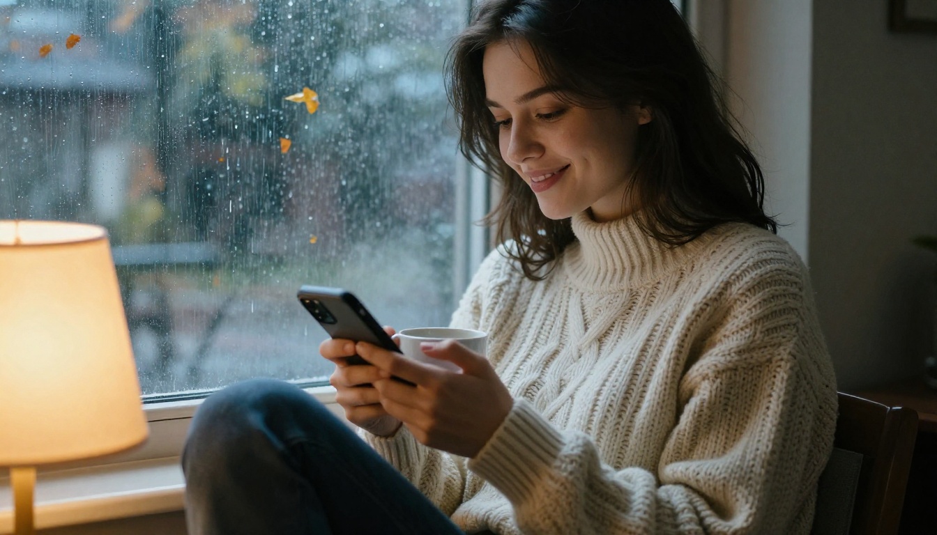 Woman in cozy window seat with coffee and phone reading AI companion messages with a smile