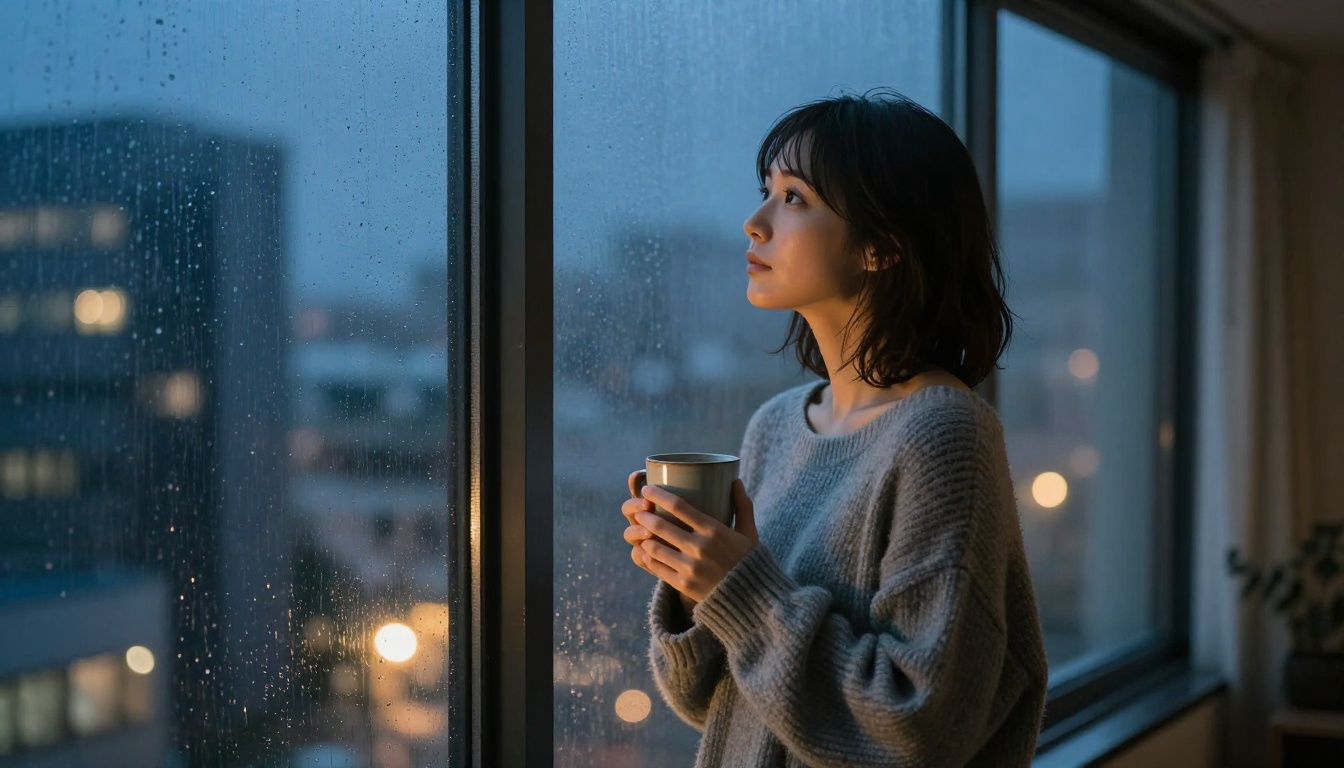 Japanese woman in grey cashmere sweater at rain-streaked apartment window at night with city lights behind her Japanese woman in grey cashmere sweater at rain-streaked apartment window at night with city lights behind her