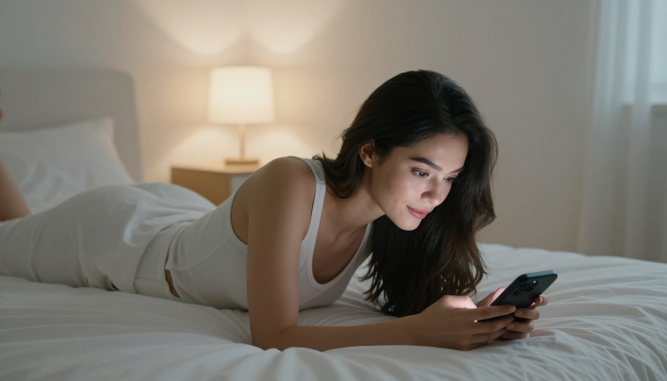 Woman lying on white sheets propped up on elbows looking at glowing phone screen