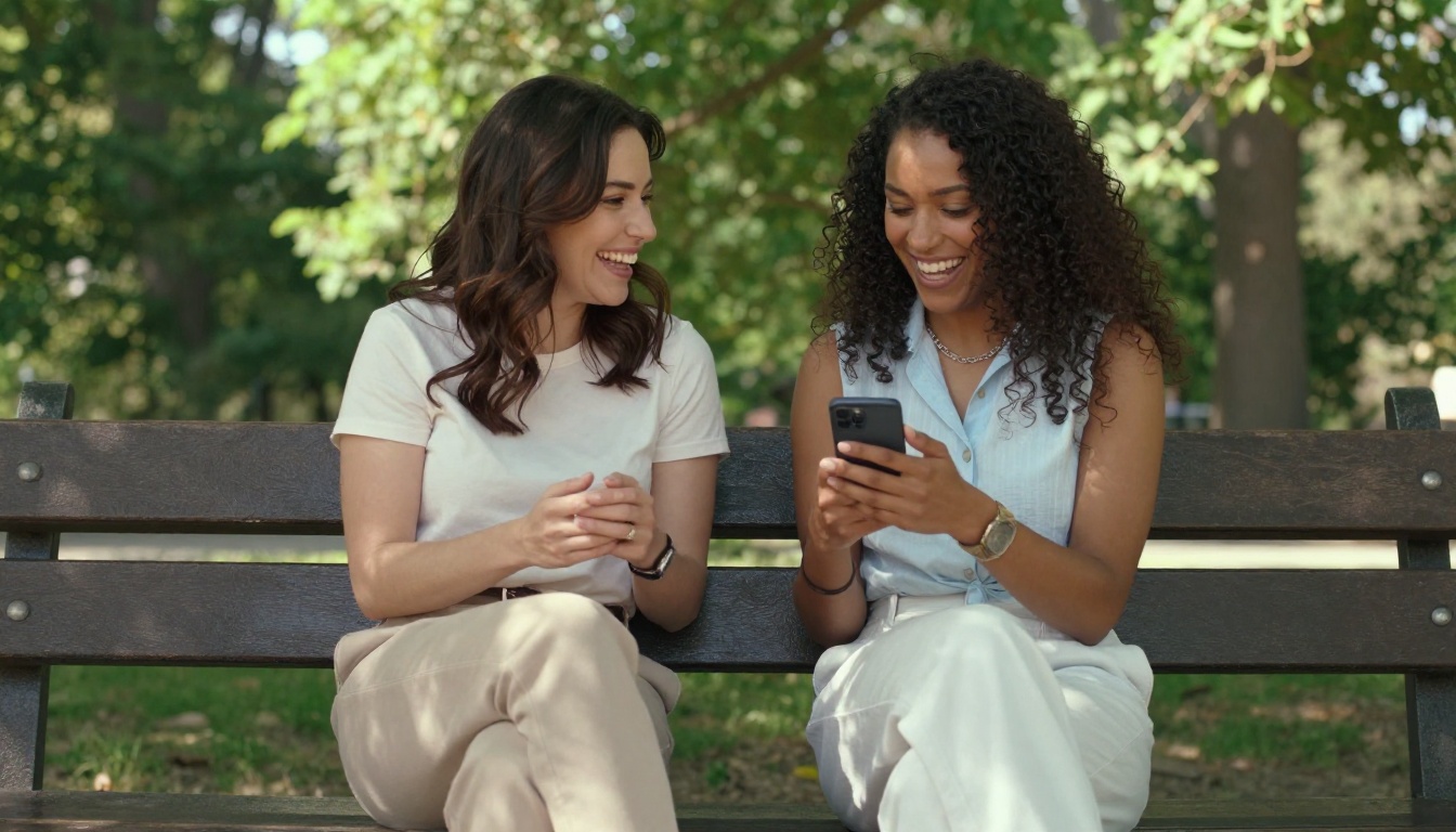 Two women on a park bench sharing something funny on a phone screen and laughing