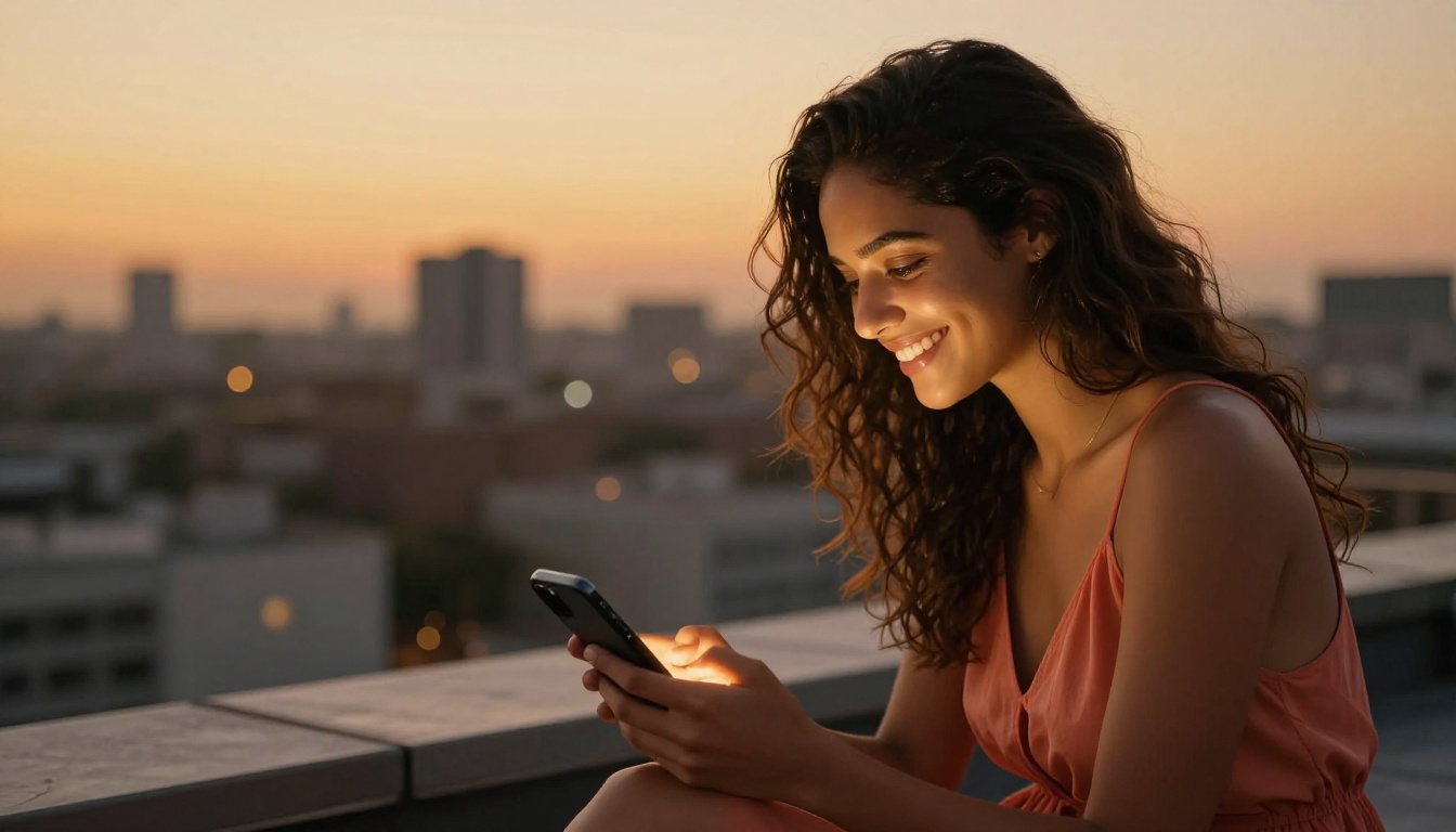 Young woman in coral sundress smiling at phone on rooftop terrace at golden hour dusk Young woman in coral sundress smiling at phone on rooftop terrace at golden hour dusk