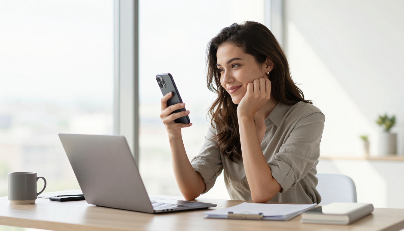 Confident woman at modern desk with laptop looking at her phone with a flirtatious smile