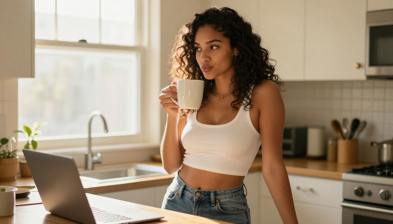 A woman with curly hair standing at a sunlit kitchen counter with a coffee mug A woman with curly hair standing at a sunlit kitchen counter with a coffee mug