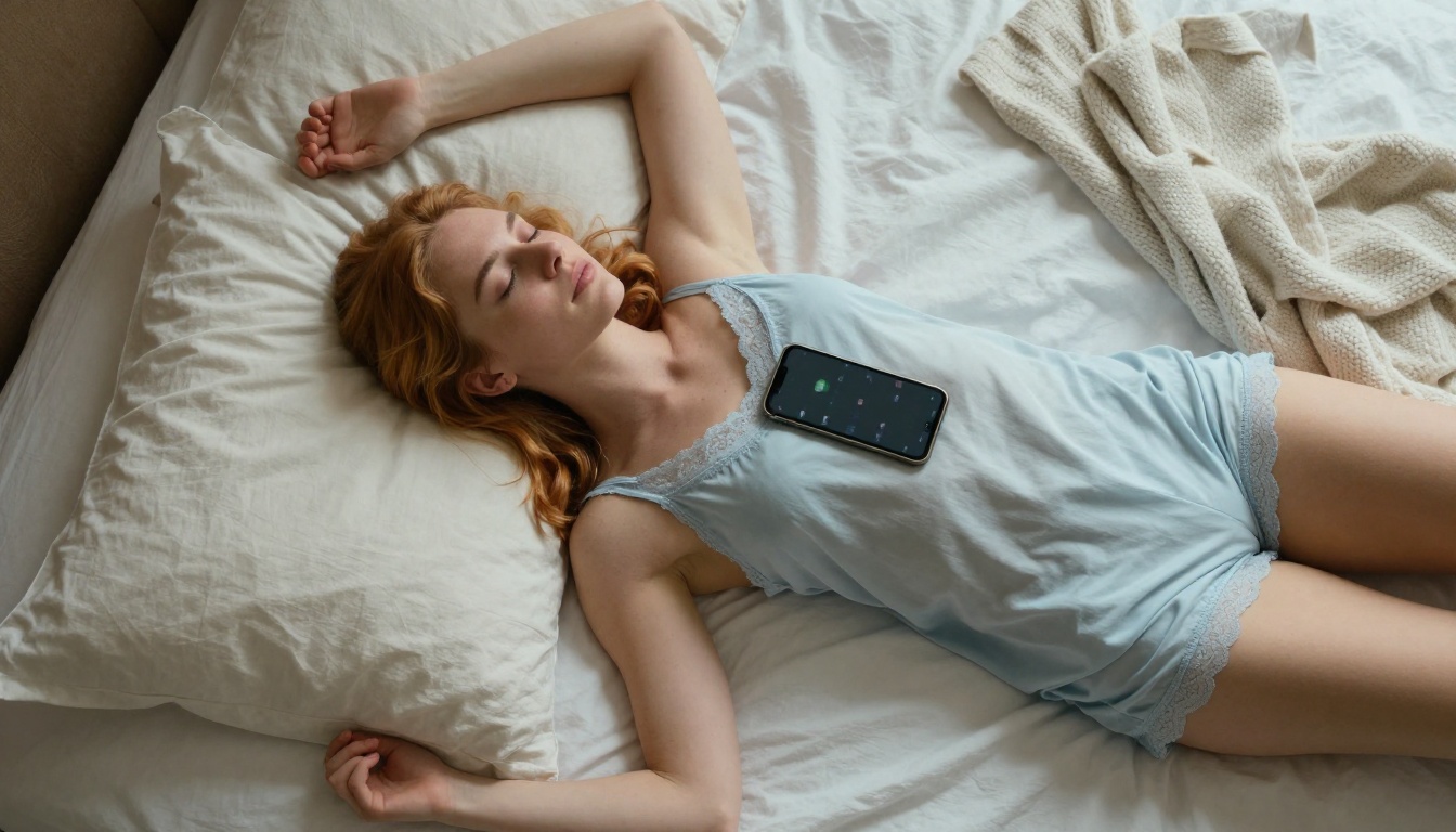 Aerial view of a woman resting peacefully with a smartphone on her chest Aerial view of a woman resting peacefully with a smartphone on her chest