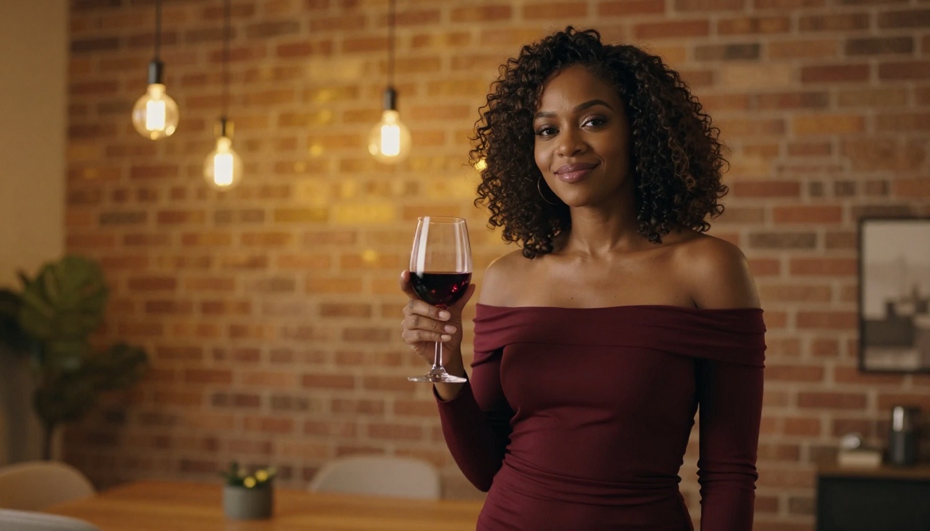 A woman with natural hair in a burgundy dress smiling in a warmly lit living room A woman with natural hair in a burgundy dress smiling in a warmly lit living room