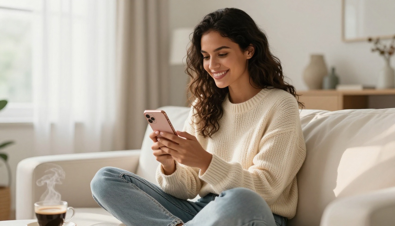 A beautiful Latina woman sitting cross-legged on a cozy sofa, smiling warmly at her smartphone in a bright morning apartment