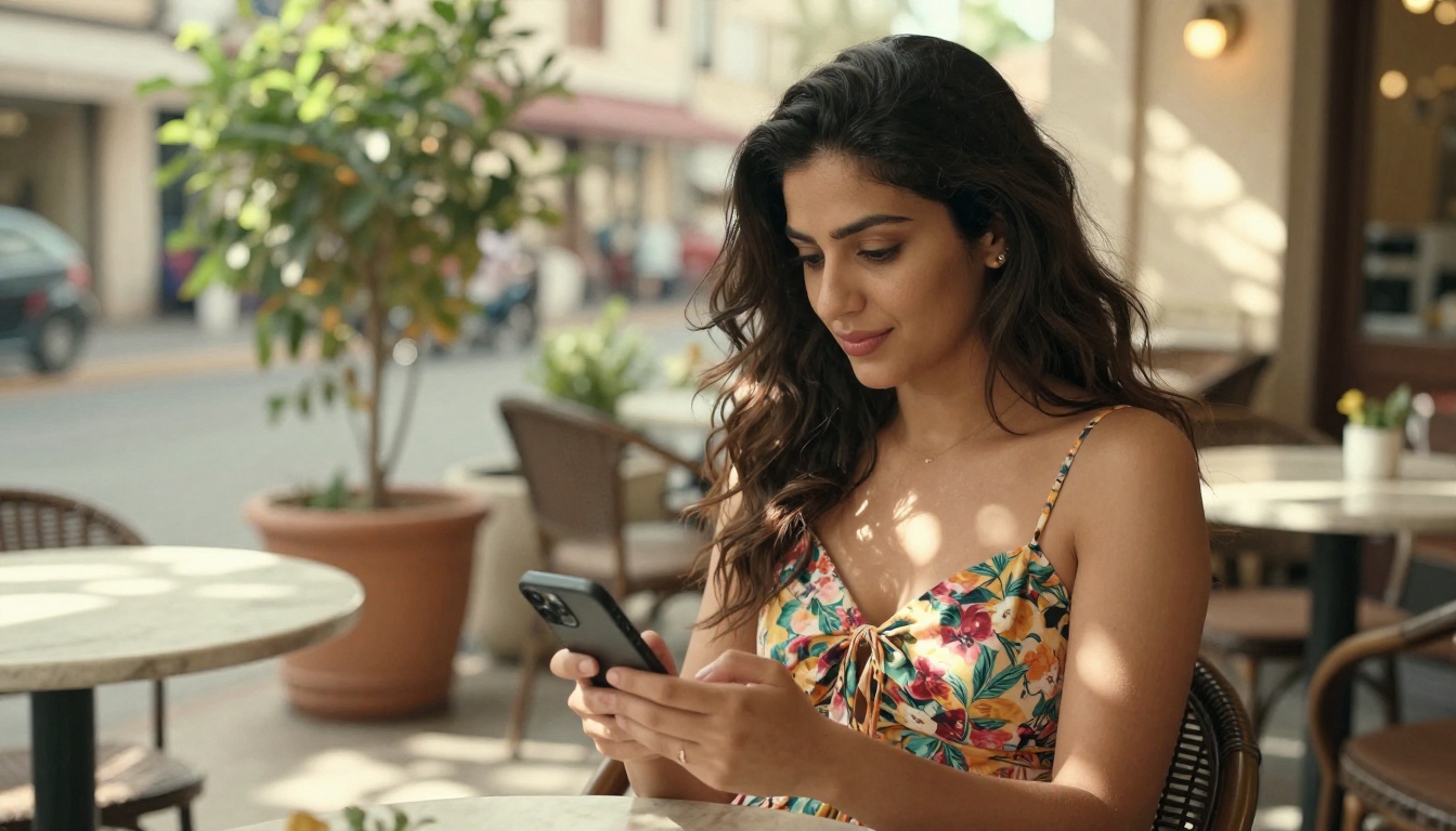 A woman with dark hair typing on her phone at a sunny cafe terrace A woman with dark hair typing on her phone at a sunny cafe terrace