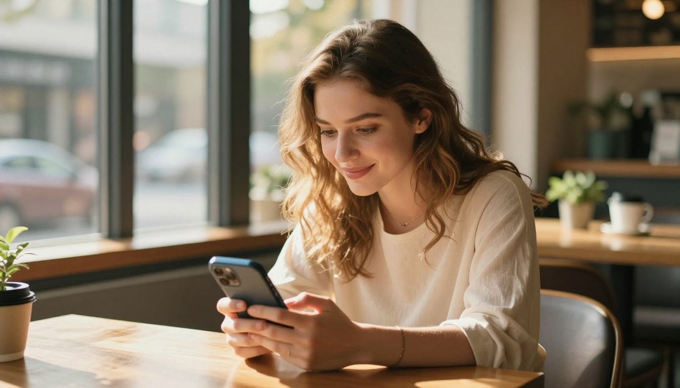 Woman at cafe reviewing AI companion apps
