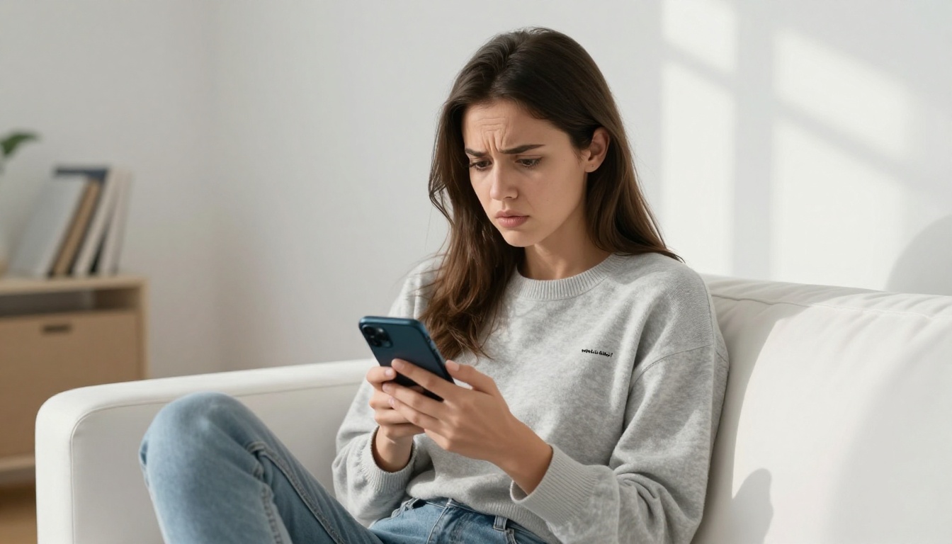 Frustrated woman discovering paywall on phone