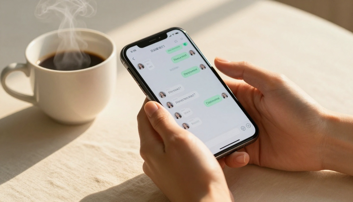 Hands holding a smartphone with a chat interface on a warm linen surface Hands holding a smartphone with a chat interface on a warm linen surface