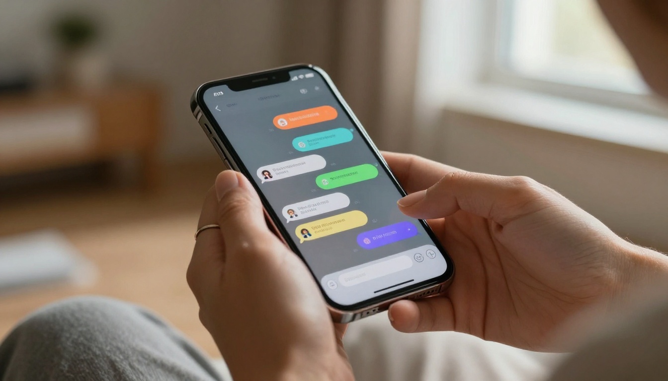 Close-up hands holding smartphone with AI chat conversation