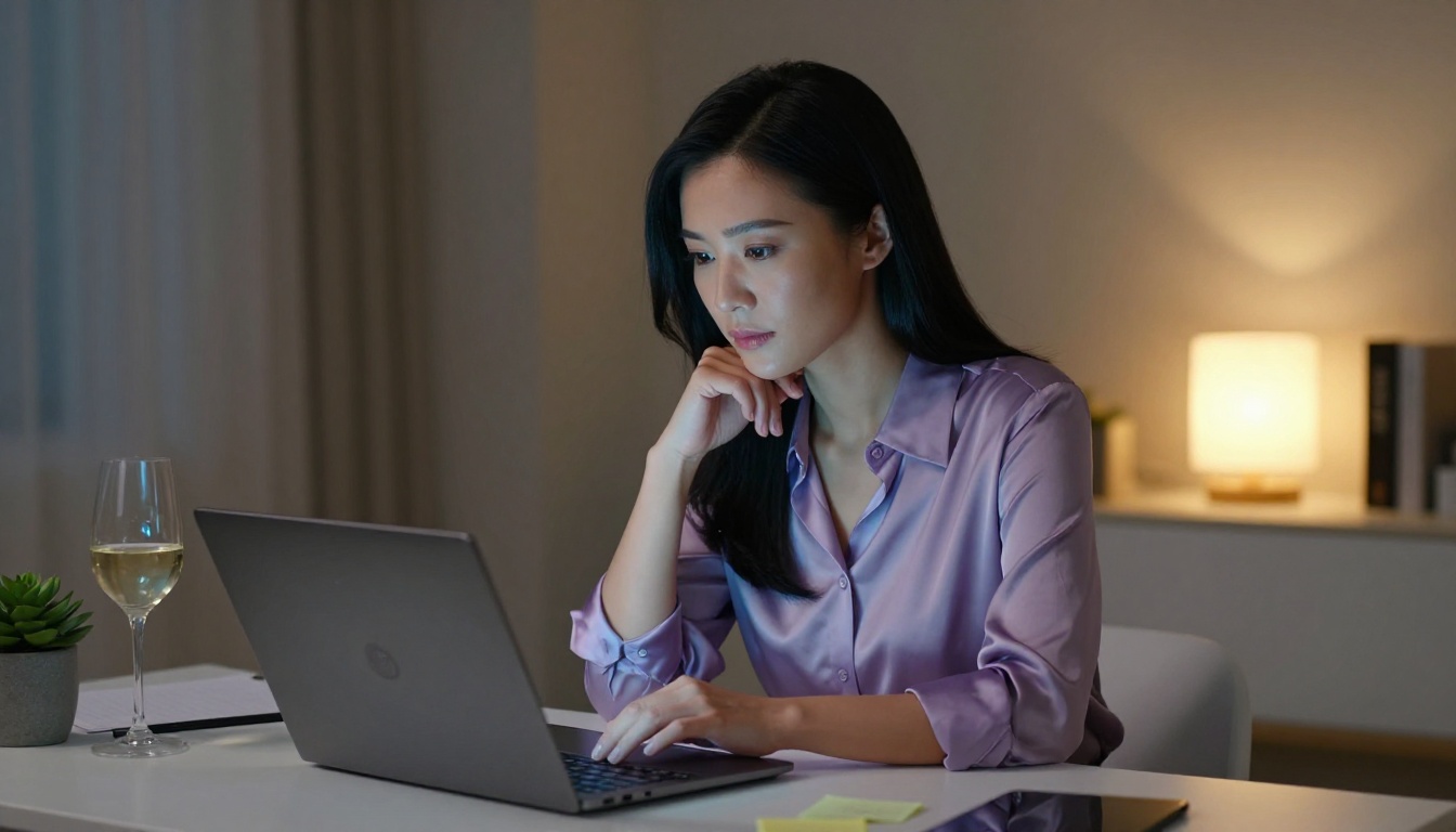 An elegant Asian woman absorbed in her laptop screen late at night, thoughtful and dreamy expression in a dimly lit home office