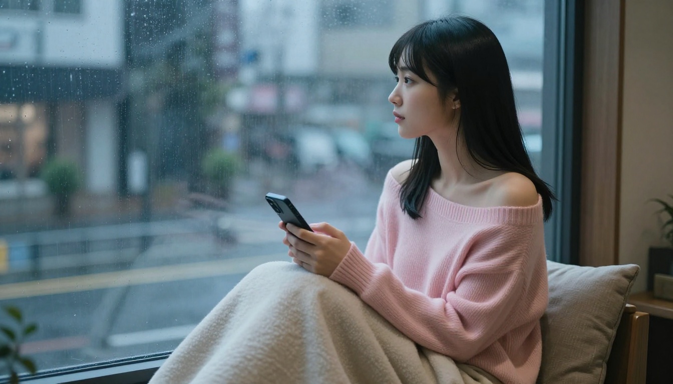 A Japanese woman in a soft pink sweater looking out a rain-streaked window A Japanese woman in a soft pink sweater looking out a rain-streaked window