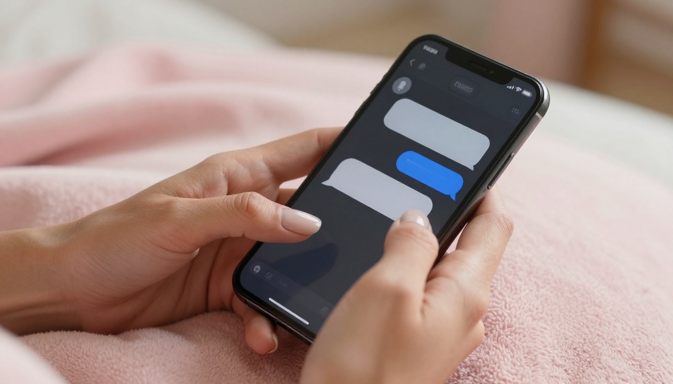 Close-up of elegant feminine hands holding a smartphone with chat bubbles visible on screen, resting on a blush pink cashmere blanket