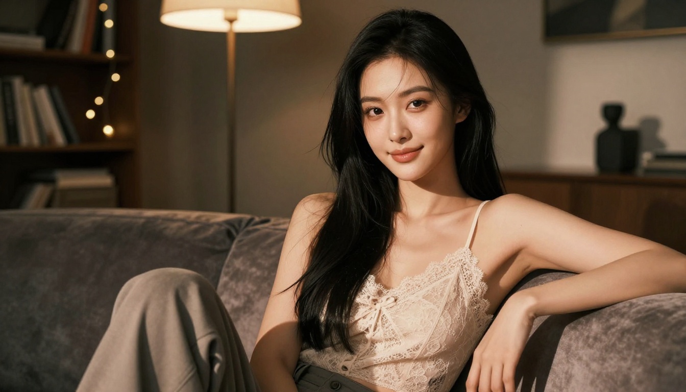 Asian woman on velvet sofa in modern apartment