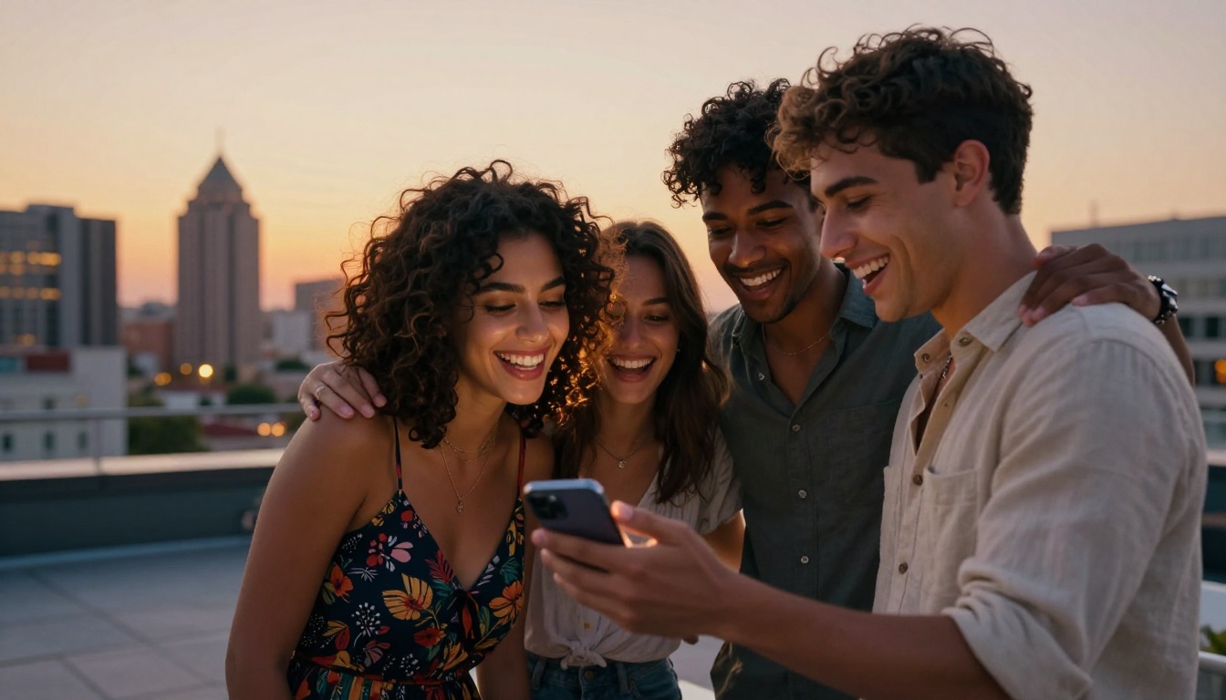 Diverse friends sharing smartphone experience at golden hour