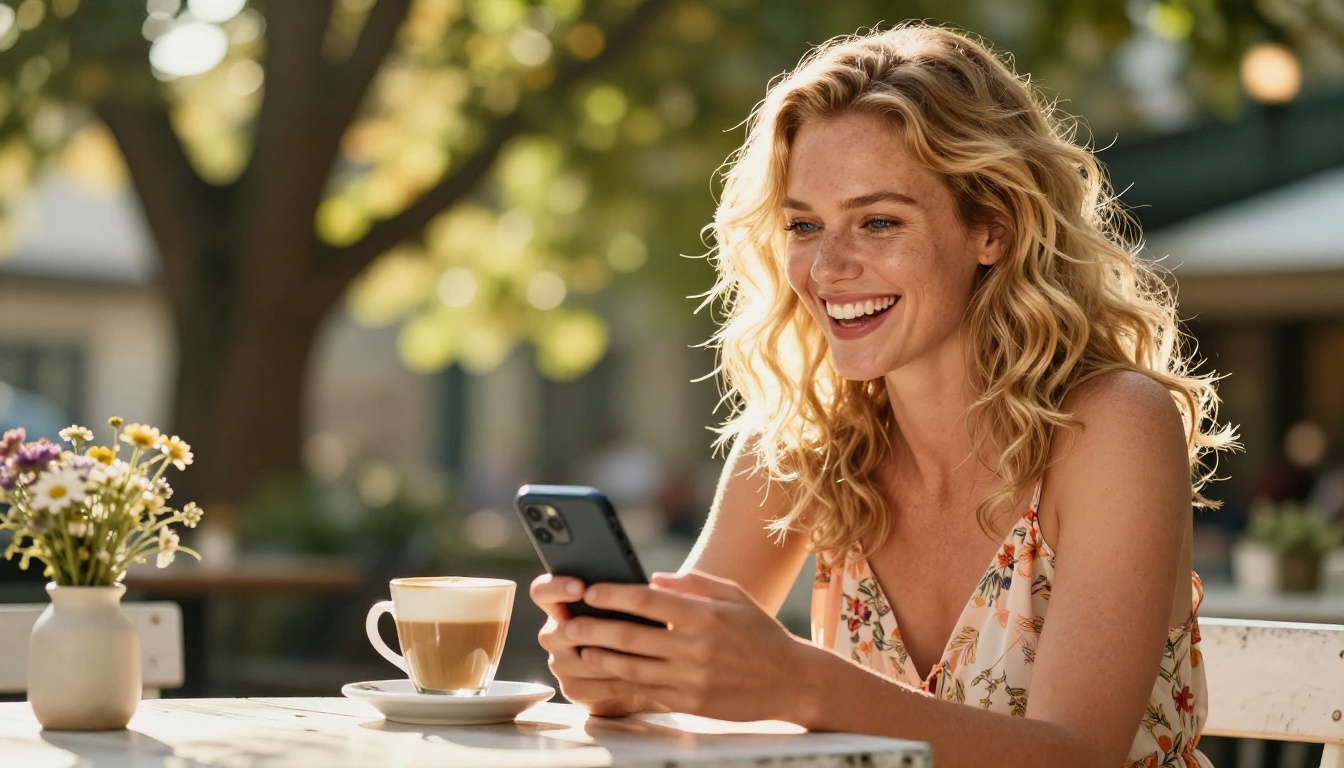 A radiant European blonde woman laughing naturally at her phone at a sunny outdoor cafe, wildflowers on the table