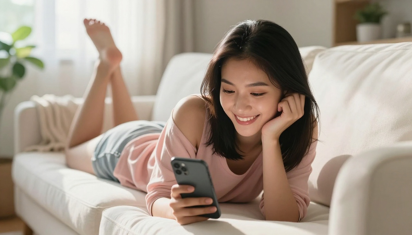 Asian woman happily chatting with AI companion