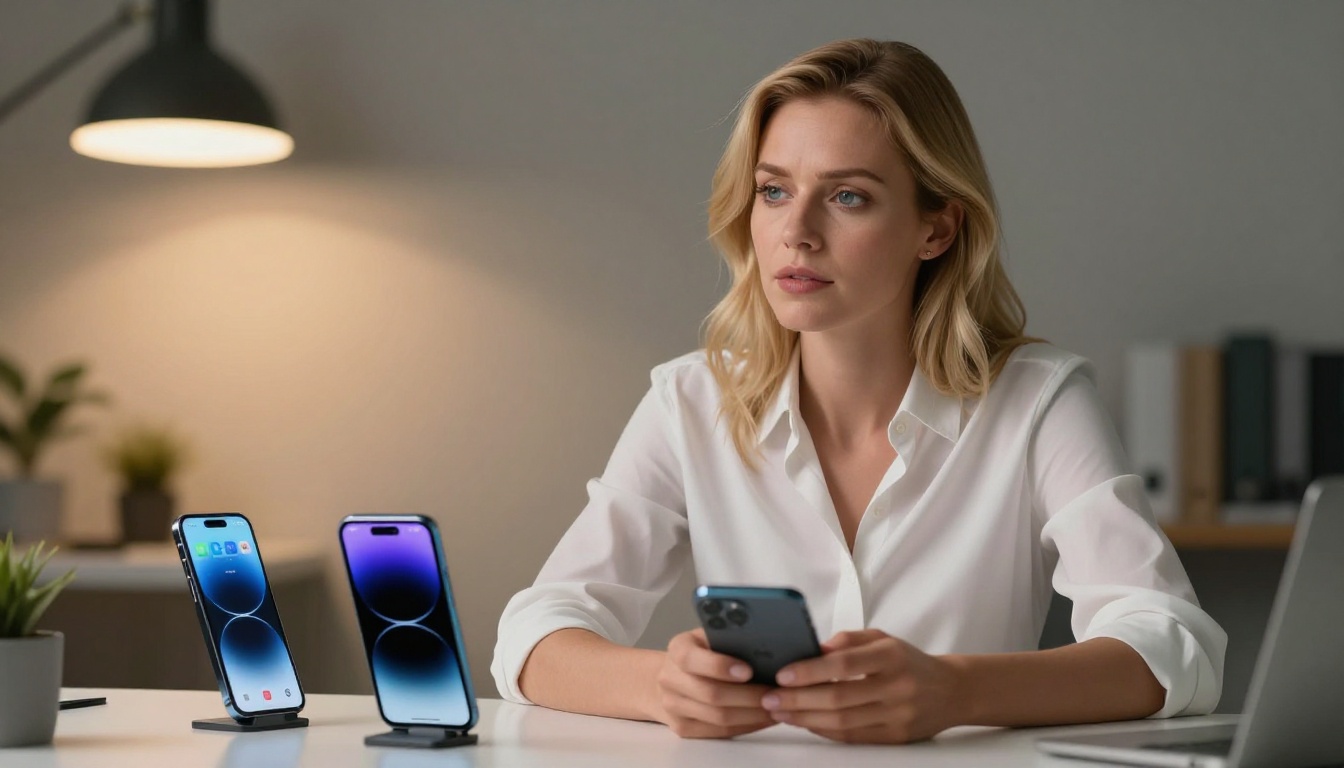 European woman comparing two smartphones side by side