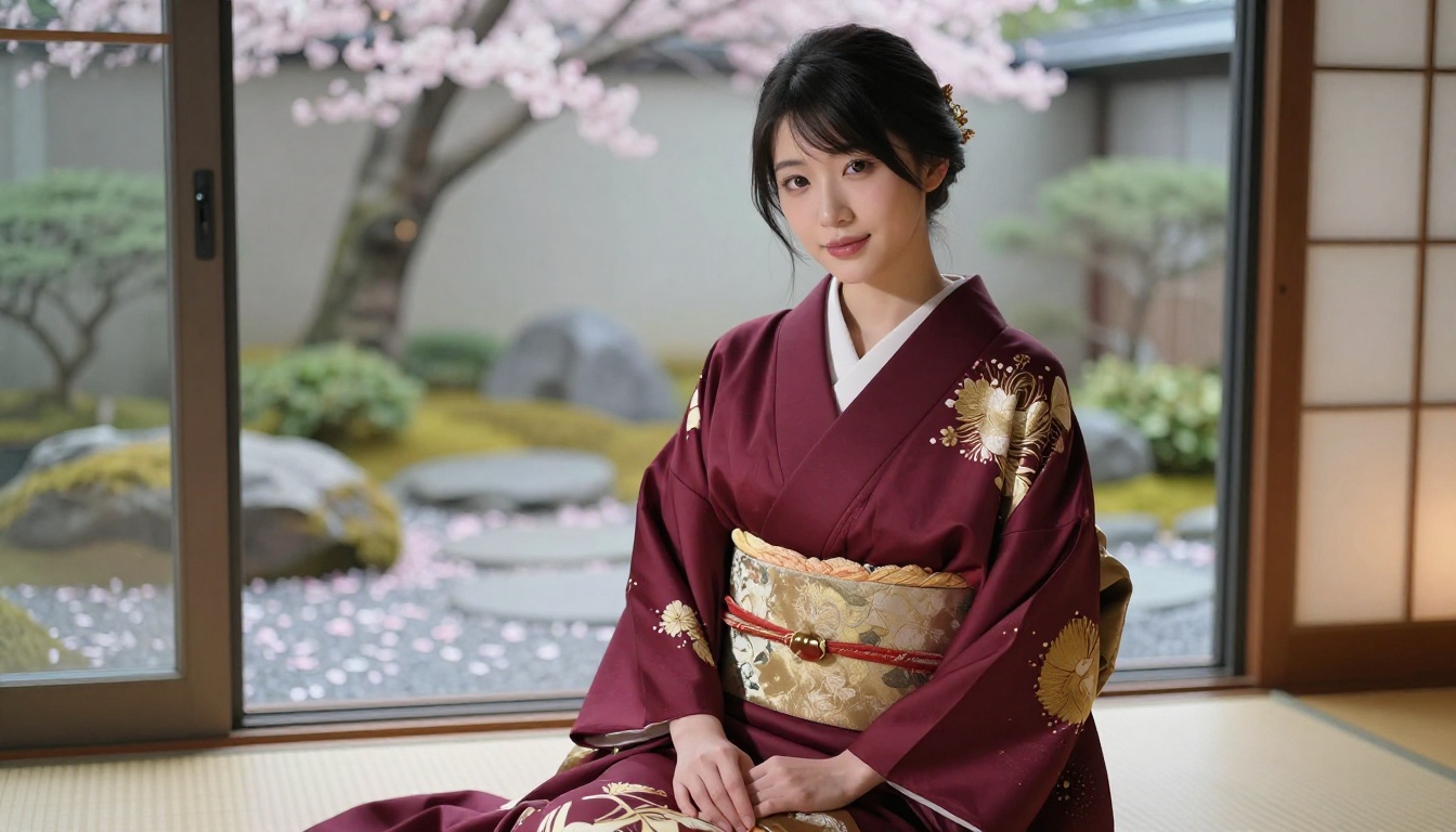 Japanese woman in elegant kimono-style setting