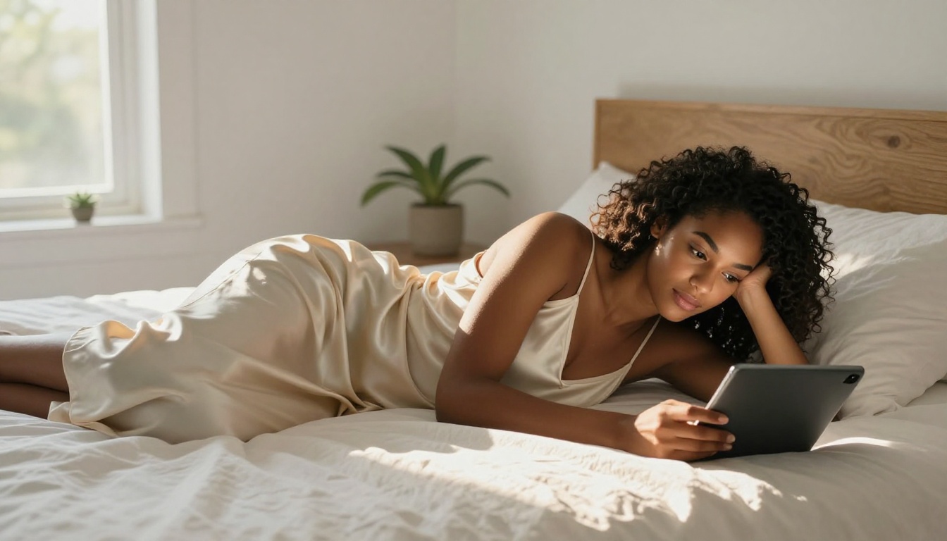 Beautiful mixed-race woman lying on a white bed, propped on one elbow, reading a tablet in warm golden morning sunlight