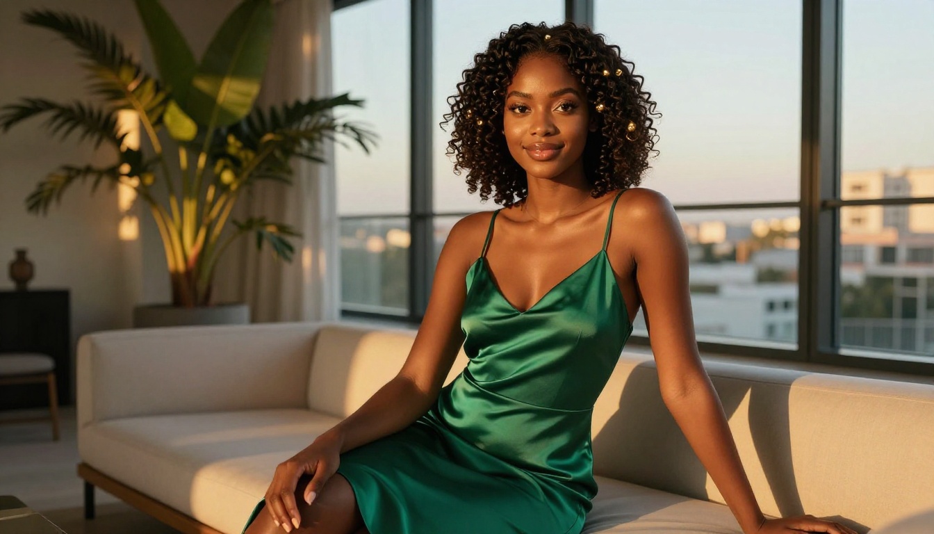African woman in emerald dress by floor-to-ceiling windows