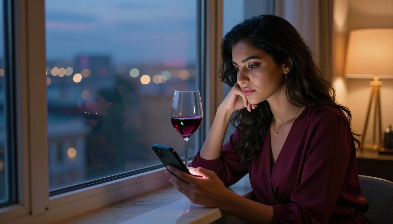 An elegant Middle Eastern woman sitting by a window at dusk, holding a glass of wine, gazing pensively at her phone against blurred city lights