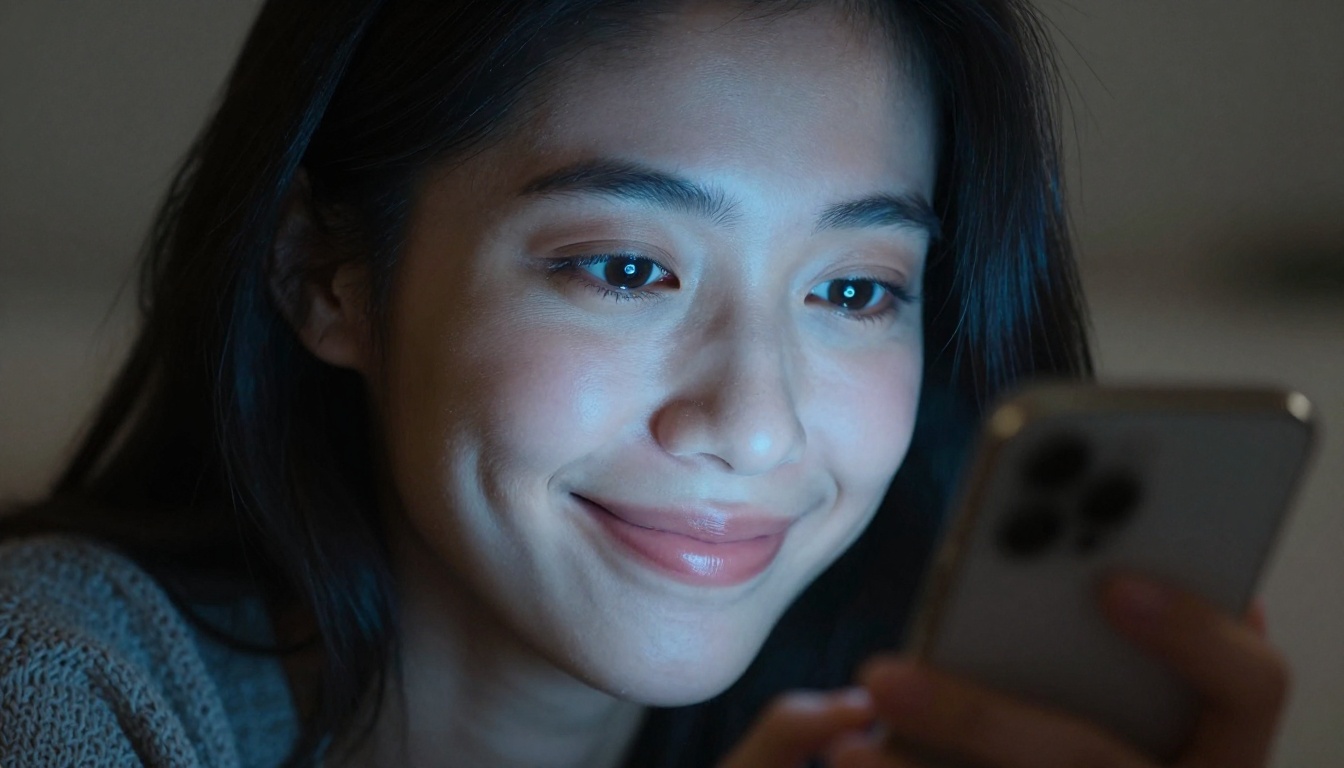 Mixed-race woman with glowing smartphone screen in dim room