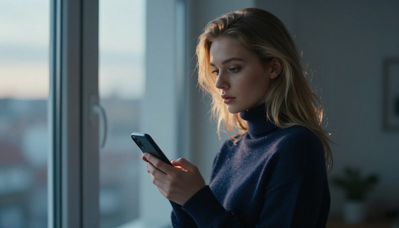 European woman guarding her phone, privacy concept