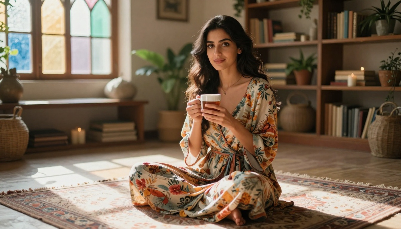 Middle Eastern woman sitting cross-legged with tea in bohemian living room