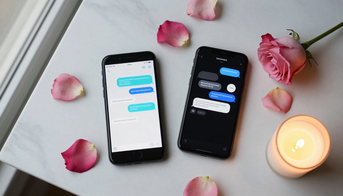 Two smartphones side by side on white marble surrounded by rose petals and a burning candle, showing chat conversation bubbles