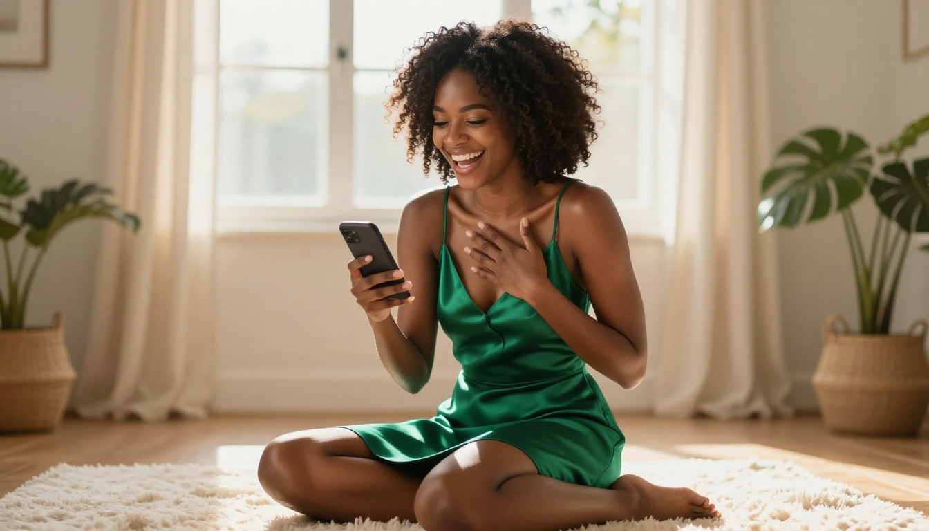 Happy woman laughing with AI companion app