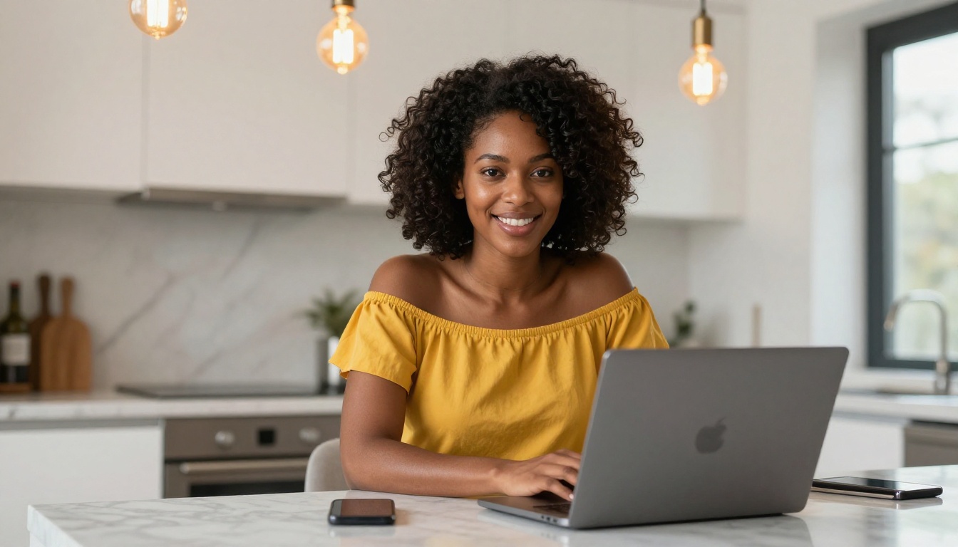 A confident African woman smiling at her laptop at a modern kitchen island, warm and engaged with what she is seeing on screen