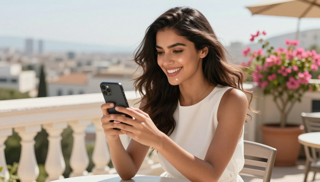 Woman on terrace smiling at phone, ready to start