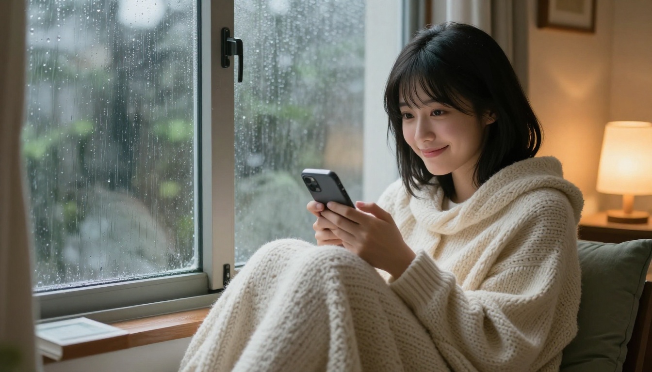 A beautiful Japanese woman sitting on a cozy window seat with a cream knit blanket, smiling warmly while holding her phone as rain streaks the window behind her
