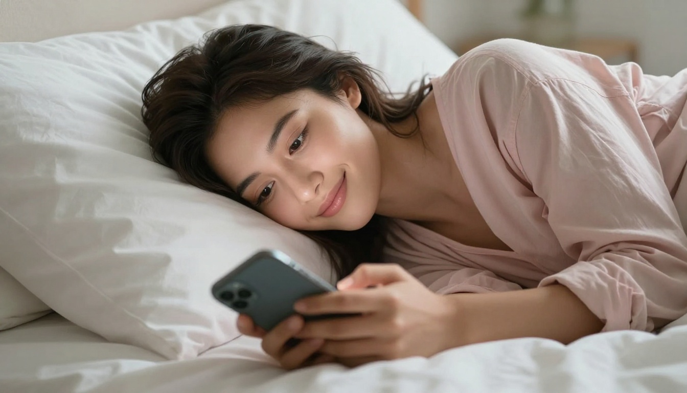 Woman lying on bed, smiling at smartphone, warm morning light