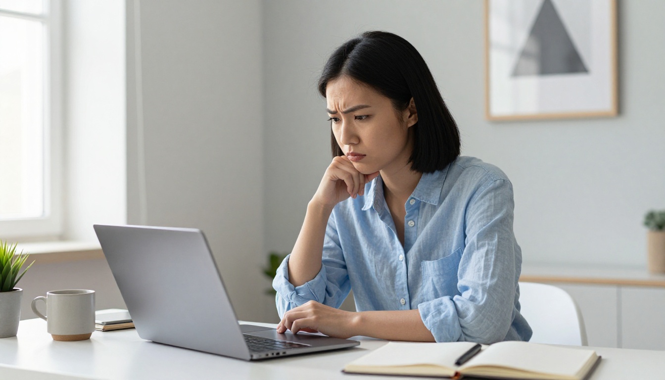 A thoughtful woman carefully researching an AI platform on her laptop A thoughtful woman carefully researching an AI platform on her laptop