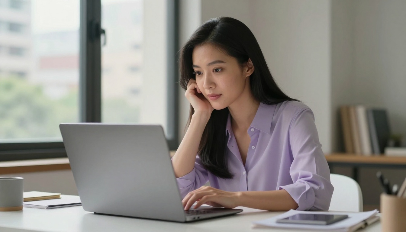 Asian woman at desk, looking at laptop, lavender blouse, focused