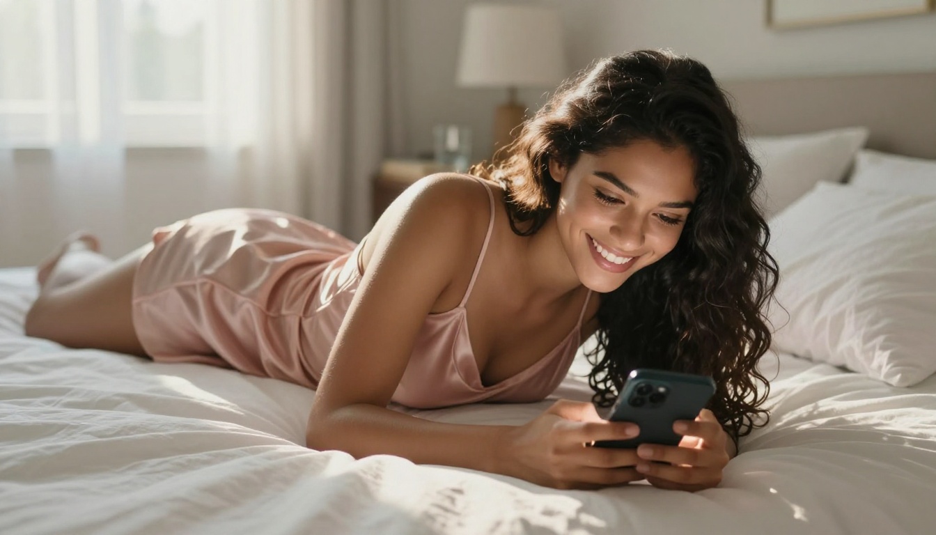 A happy young woman chatting on her phone from her bed, relaxed and engaged A happy young woman chatting on her phone from her bed, relaxed and engaged