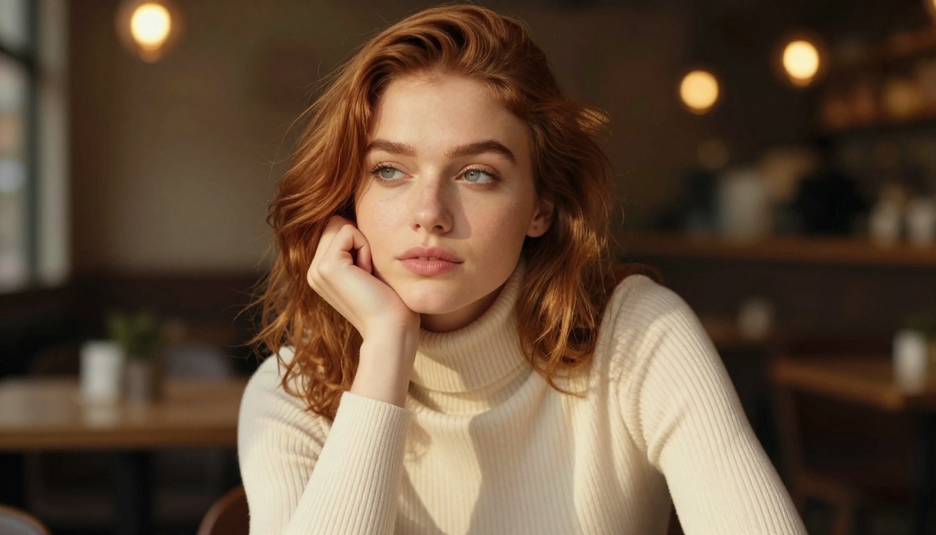 European woman at cafe, thoughtful, warm light