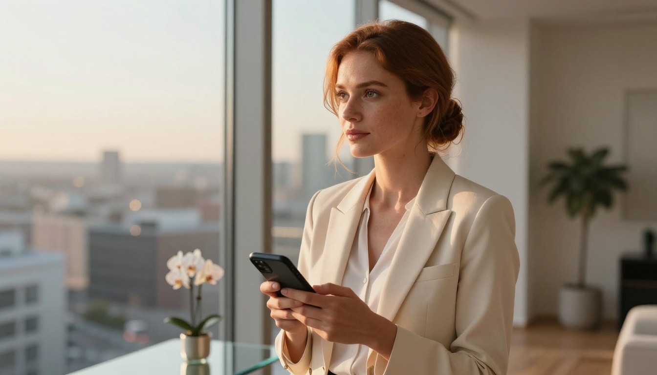 A composed woman standing confidently at a window, reviewing her options on her phone A composed woman standing confidently at a window, reviewing her options on her phone