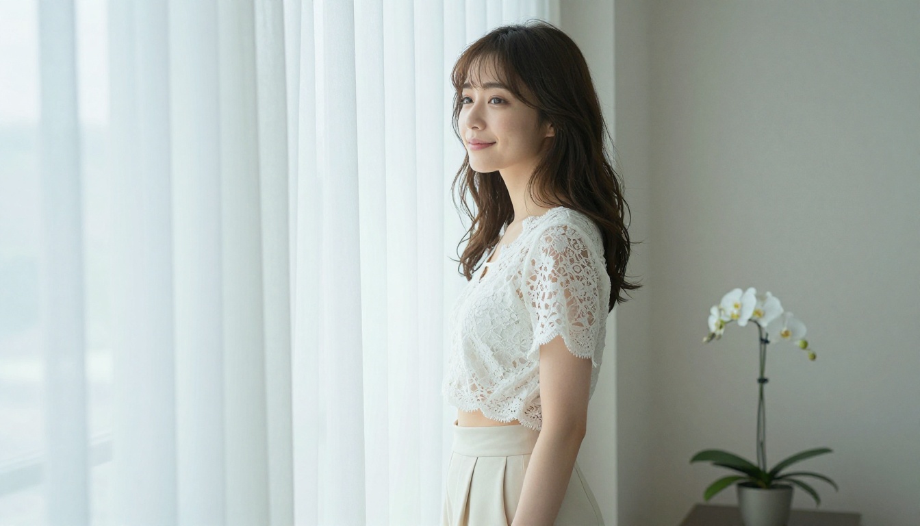Japanese woman by floor-to-ceiling window, white lace top, serene morning light