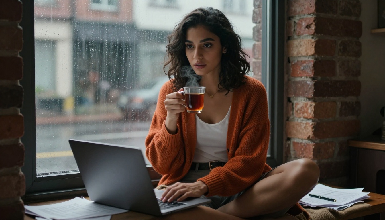 A Middle Eastern woman thoughtfully reading platform details on her laptop by a rainy window A Middle Eastern woman thoughtfully reading platform details on her laptop by a rainy window