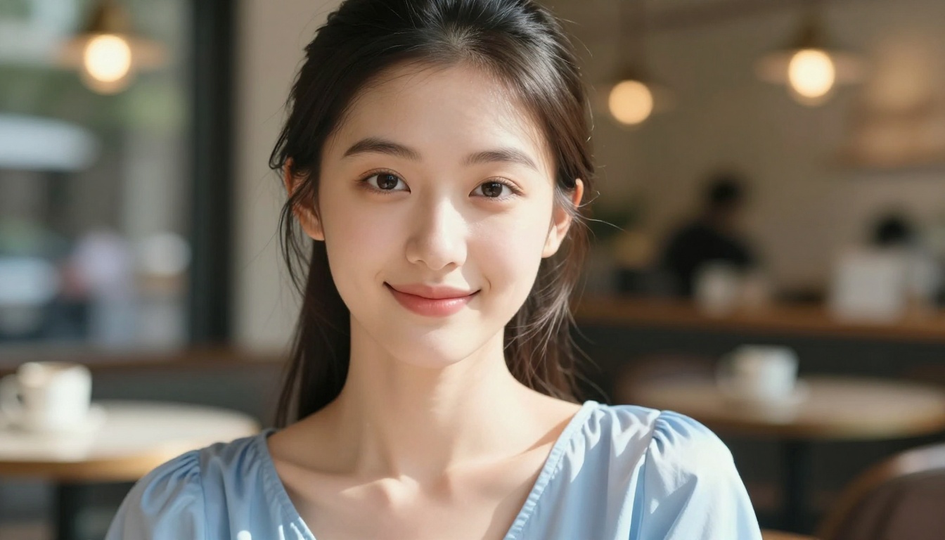 Asian woman at a café, reflecting on digital connection and modern relationships