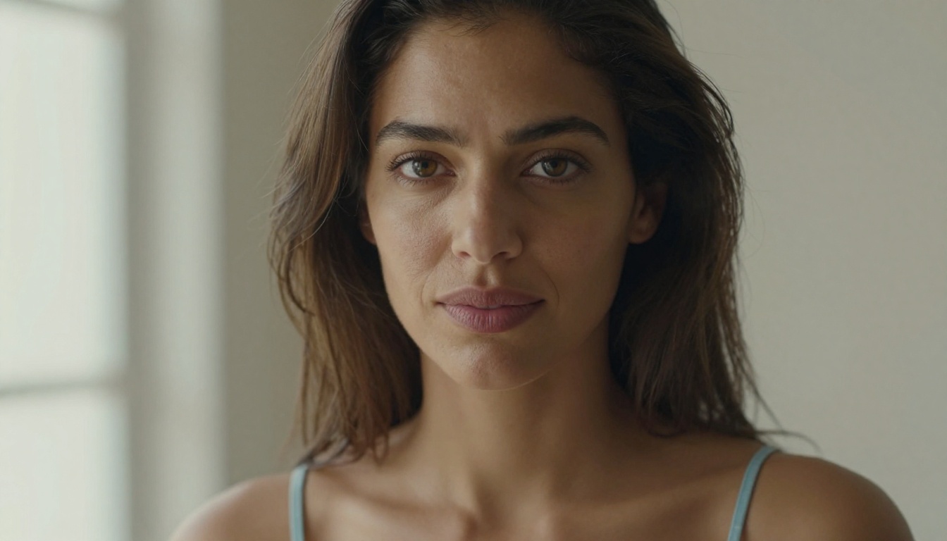 Close-up portrait, mixed-race woman with natural hair, soft expressive eyes